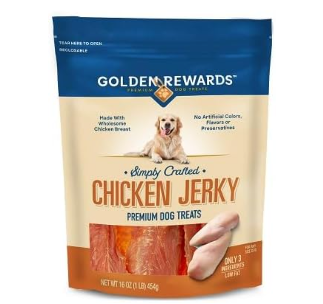 Golden|Rewards Chicken Jerky Dog Treats, 16 oz Bag, Made with Wholesome Chicken Breast, Low Fat, Grain-Free, No Artificial Colors or Preservatives, Premium High-Protein Snack for Dogs