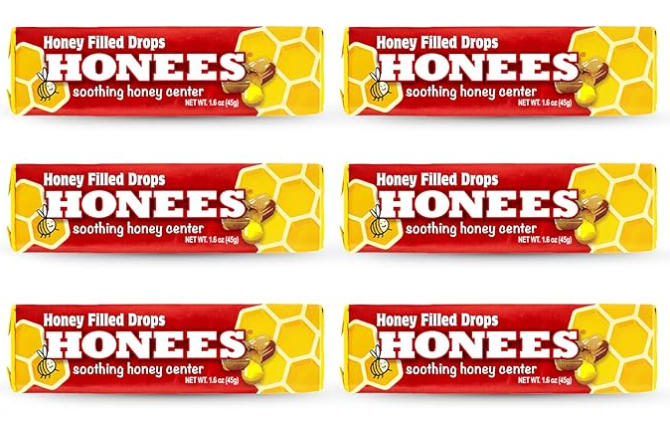 Honees Honey Filled Drops, Honey Cough Drops with Real Honey-Natural Sore Throat Relief-Nothing Artificial-Throat Coat Lozenges, Natural Cough Suppressant, Non-GMO (6 Pack – 54 Drops)