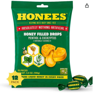 Honees Filled Menthol Cough Drops, Honey, Menthol & Eucalyptus Cough Drops- Natural Sore Throat Relief - Nothing Artificial -Throat Lozenges, Non-GMO (12 Pack –240 Drops)
