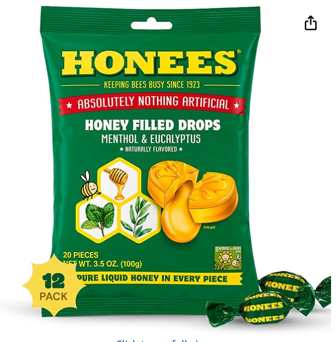 Honees Filled Menthol Cough Drops, Honey, Menthol & Eucalyptus Cough Drops- Natural Sore Throat Relief - Nothing Artificial -Throat Lozenges, Non-GMO (12 Pack –240 Drops)