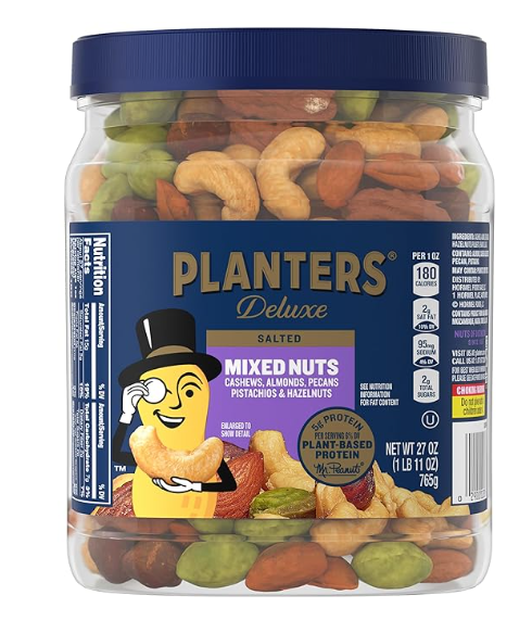PLANTERS Deluxe Mixed Nuts with Sea Salt, 27 oz Resealable Container - Variety Mixed Nuts Snacks with Cashews, Almonds, Pecans, Pistachios & Hazelnuts - Energy Boost - Kosher