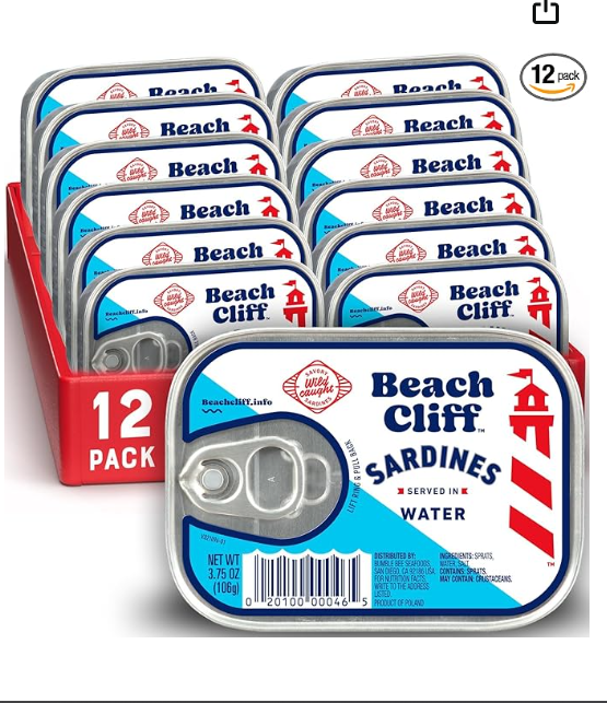 Beach Cliff Sardines in Water, 3.75 oz Can (Pack of 12) - Wild Caught Sardines - 12g Protein per Serving - Gluten Free, Keto Friendly