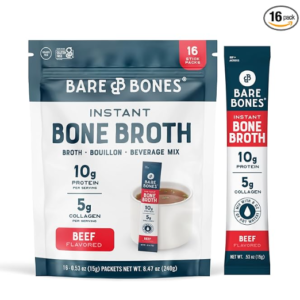 Bare Bones Beef Bone Broth Instant Powdered Mix Packets | 5g Collagen | 10g Protein | Keto & Paleo Friendly | No Artificial Flavors | Rich Savory on-the-go 16 Pack