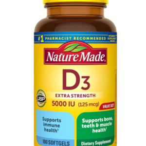 Nature Made Vitamin D3 5000 IU (125 mcg) Softgels, Extra Strength Vitamin D Supplement for Bone and Immune Health Support, 180 Count, 180 Day Supply