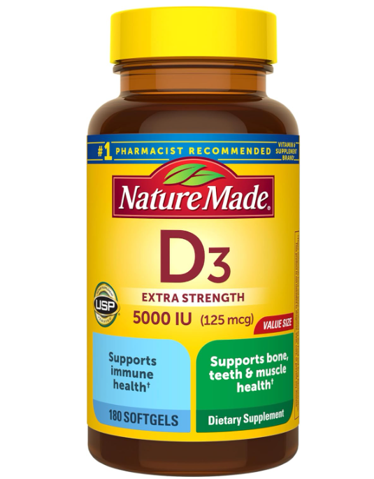 Nature Made Vitamin D3 5000 IU (125 mcg) Softgels, Extra Strength Vitamin D Supplement for Bone and Immune Health Support, 180 Count, 180 Day Supply